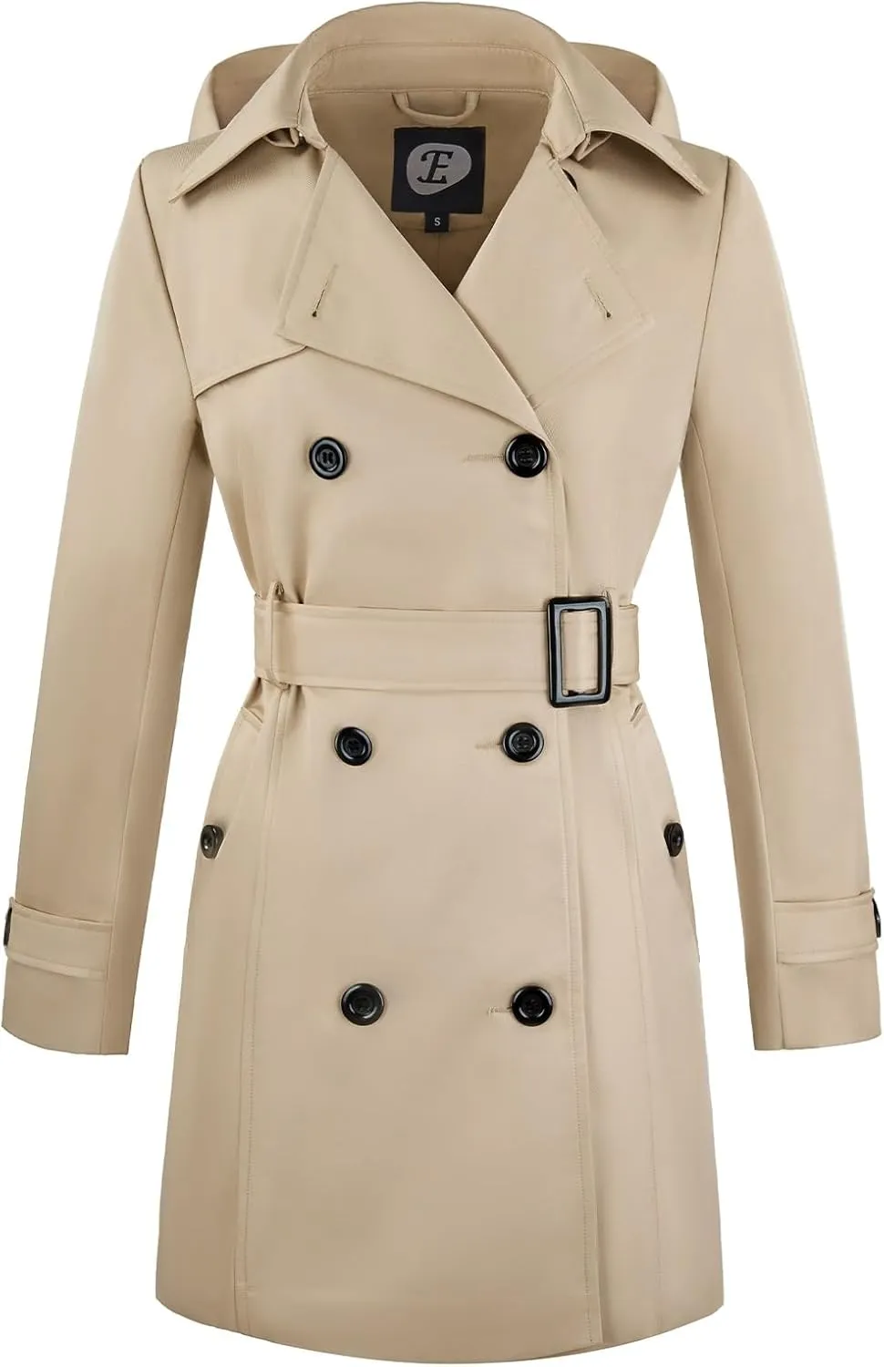 Women's Double-Breasted Trench Coat,Classic Windbreaker with Removable Hood, Belted Lapel Overcoat