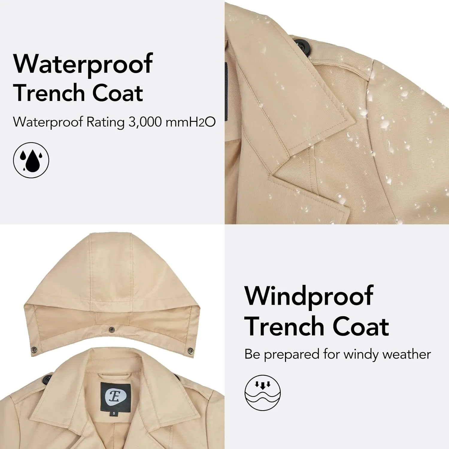 Women's Double-Breasted Trench Coat,Classic Windbreaker with Removable Hood, Belted Lapel Overcoat