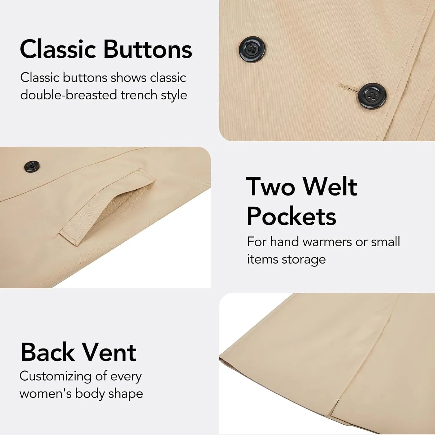 Women's Double-Breasted Trench Coat,Classic Windbreaker with Removable Hood, Belted Lapel Overcoat
