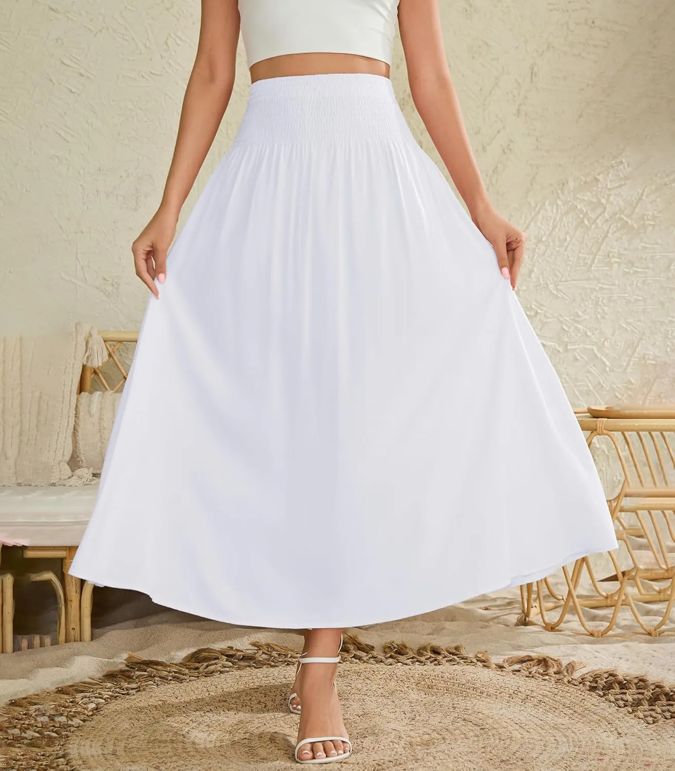 Women's Elastic High Waisted Midi Skirts with Pockets Trendy A-Line Flowy Swing Basic Skirt