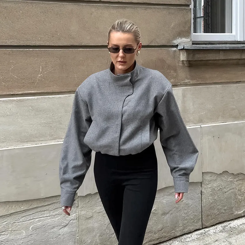Women's New Gray Stand Collar Short Loose Woolen Coat