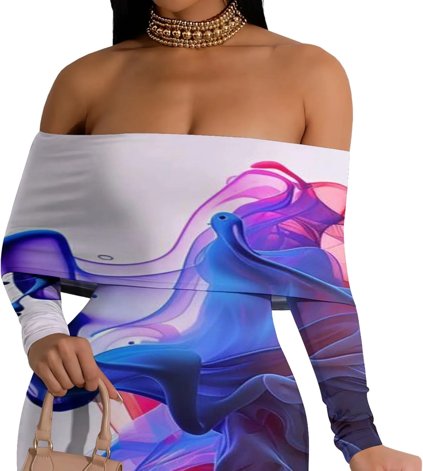Women's Sexy Elegant Bodycon Long Sleeve Off Shoulder Evening Dress Cocktail Party Fishtail Maxi Dress Backless Dress