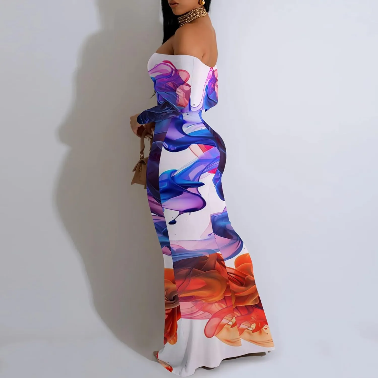 Women's Sexy Elegant Bodycon Long Sleeve Off Shoulder Evening Dress Cocktail Party Fishtail Maxi Dress Backless Dress