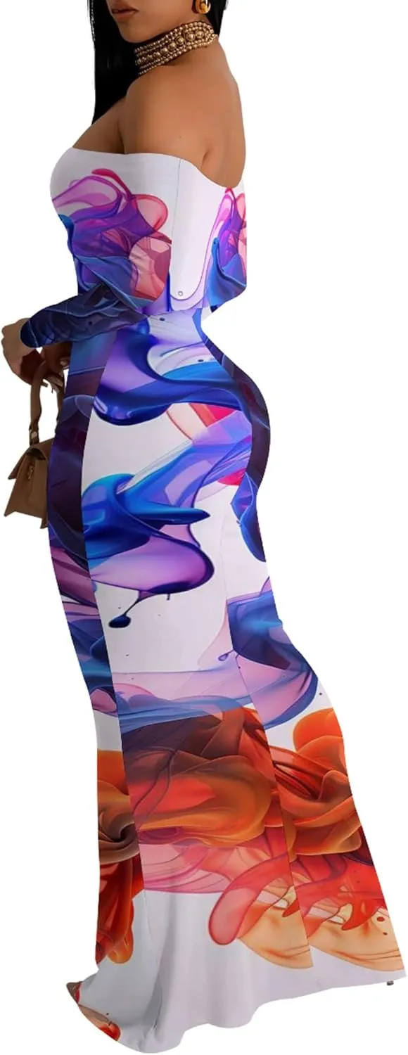 Women's Sexy Elegant Bodycon Long Sleeve Off Shoulder Evening Dress Cocktail Party Fishtail Maxi Dress Backless Dress
