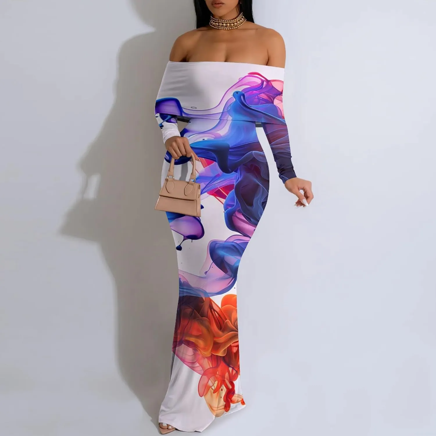 Women's Sexy Elegant Bodycon Long Sleeve Off Shoulder Evening Dress Cocktail Party Fishtail Maxi Dress Backless Dress