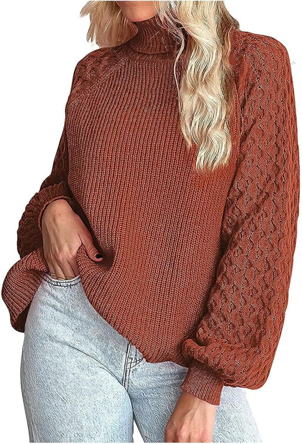 Women's Turtleneck Sweaters 2023 Trendy Cable Knit Lantern Long Sleeve Fall Winter Oversized Pullover Sweater Tops