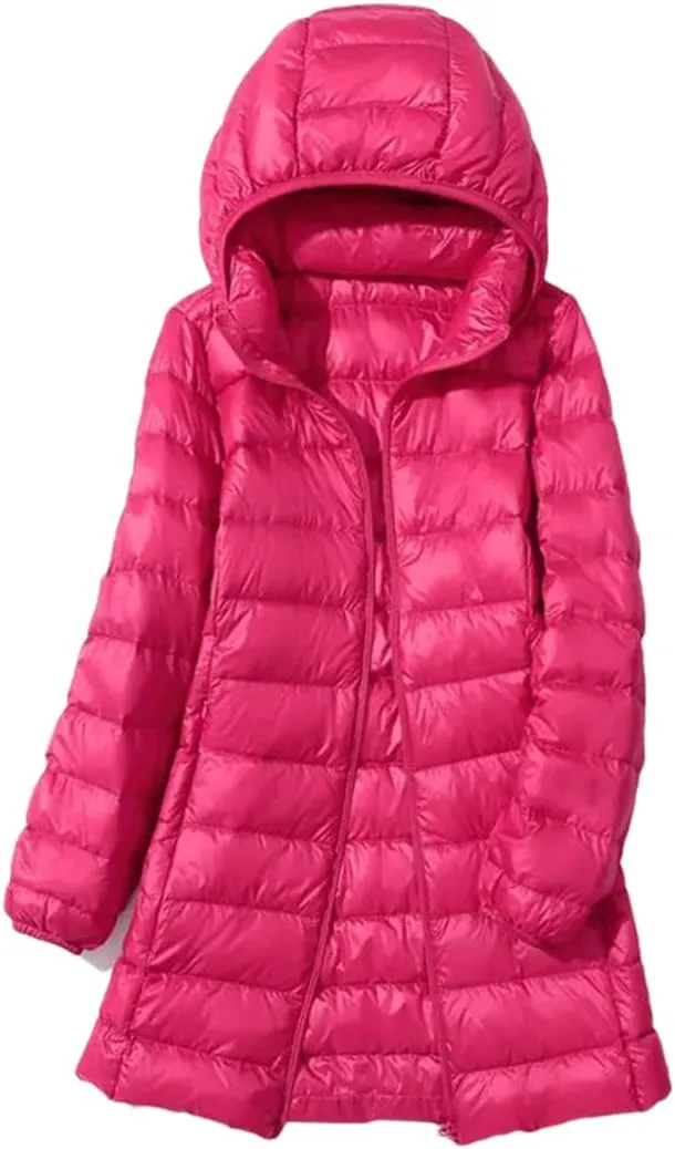 Women's Winter Long Down Coat Solid Ultra Light Thin Puffer Jacket Slim Casual Remove Hooded Parka