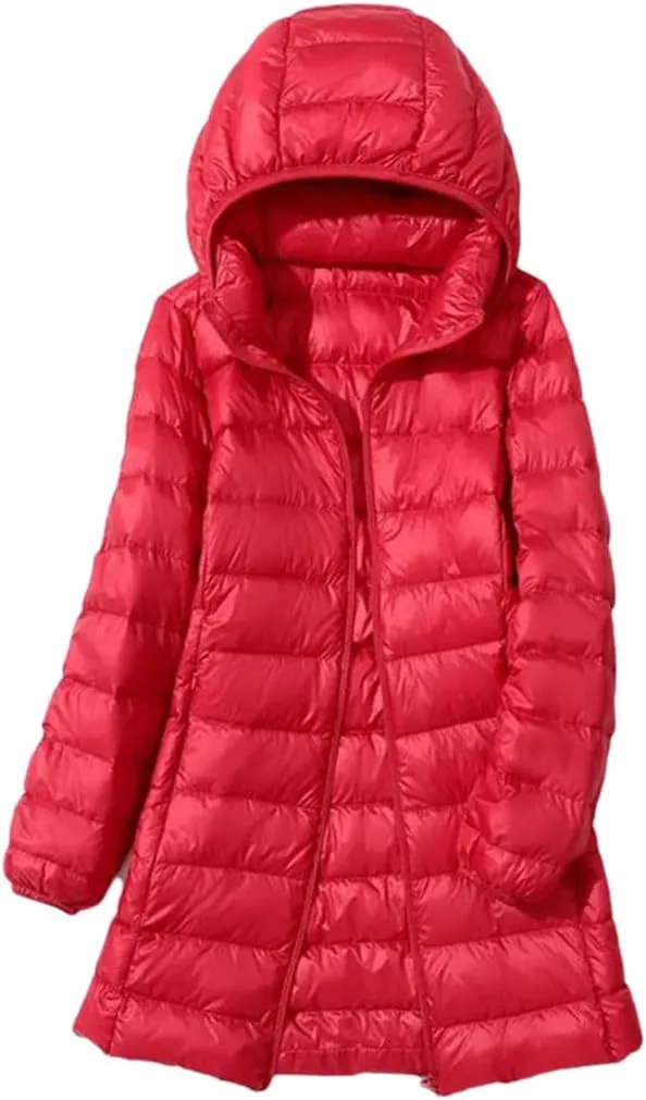 Women's Winter Long Down Coat Solid Ultra Light Thin Puffer Jacket Slim Casual Remove Hooded Parka