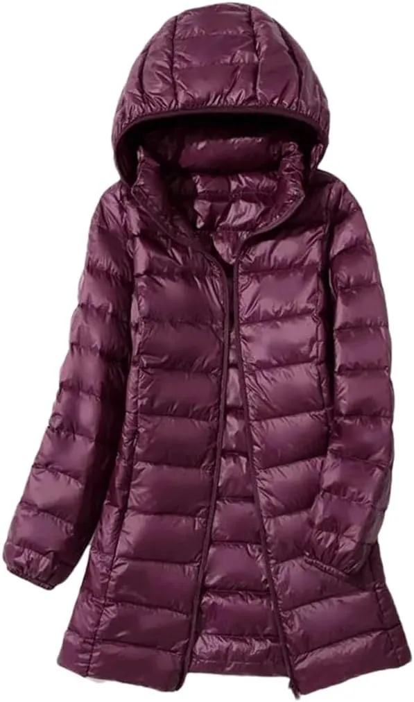 Women's Winter Long Down Coat Solid Ultra Light Thin Puffer Jacket Slim Casual Remove Hooded Parka