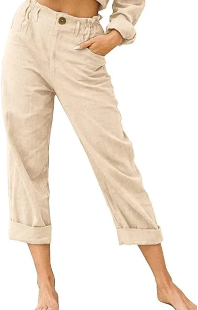 yoeasy Women's Summer Trendy Cotton Linen Capri Pants Elastic Waist Straight Leg Trousers with Pockets